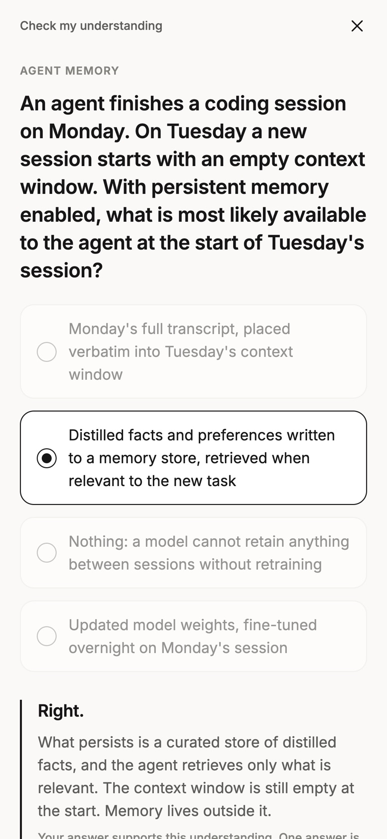 Thinketh’s Check my understanding screen: a scenario question with four options, one selected, and feedback explaining why it is right.